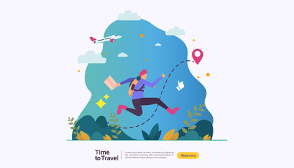 backpacker travel adventure concept. outdoor vacation recreation in nature theme of hiking, climbing and trekking with people character. template for landing page, banner, poster, ad or print media