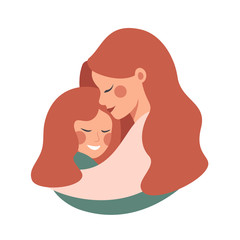 Side view of Cute young mother embracing her daughter with love. Vector illustration isolated from white