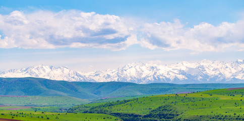 Snowy peaks of mountains in spring in Kazakhstan