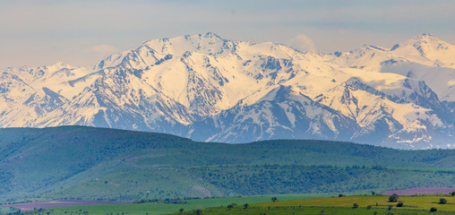 Snowy peaks of mountains in spring in Kazakhstan