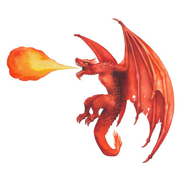 Flying Watercolor Dragon In Red Colors Exhales The Flame Of Fire.