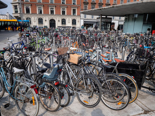Fototapeta na wymiar Bicycles parked in central Copenhagen, Denmark