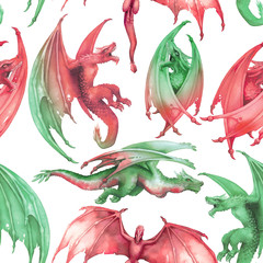 Watercolor collection of dragons in different poses in green and red colors.