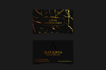 Luxury business card with marble texture and gold detail vector template, banner or invitation with golden foil on black background. Branding and identity graphic design.