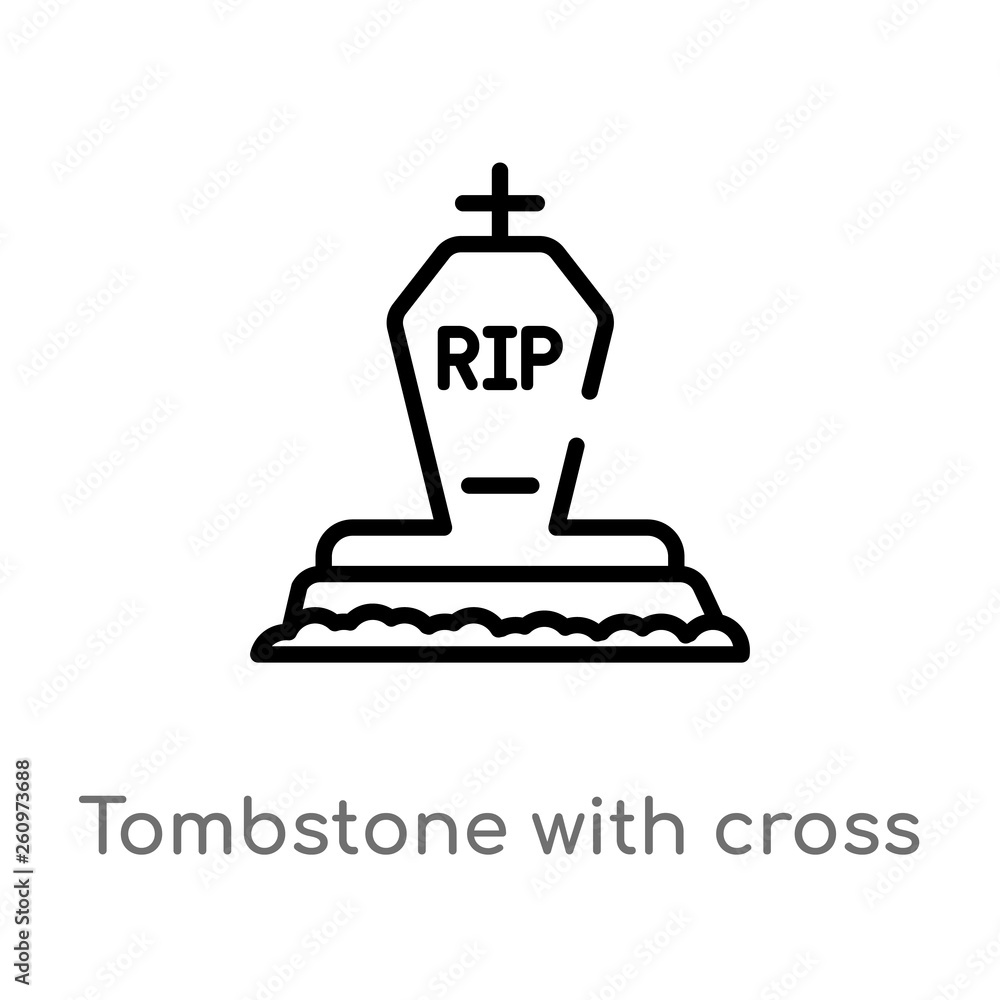 Poster outline tombstone with cross vector icon. isolated black simple line element illustration from other