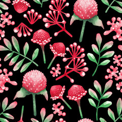 Watercolor seamless pattern of red flowers and leaves.