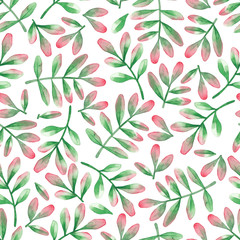 Watercolor seamless pattern of leaves in red and green colors.