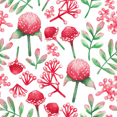 Watercolor seamless pattern of red flowers and leaves.
