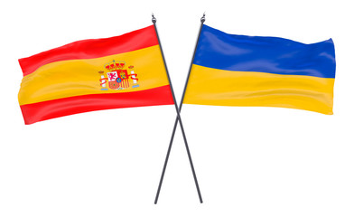 Spain and Ukraine, two crossed flags isolated on white background. 3d image