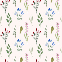 Seamless pattern watercolor wildflowers isolated on white background. Hand drawn painted flowers illustration. Summer disign