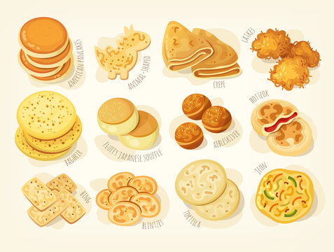 Various kinds and shapes of pancakes from different countries of the world. Isolated vector images
