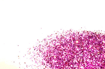 Purple glitter sparkles on white background. Can be used as place for text, for greeting or invitation cards, fashion magazines, web sites etc. 