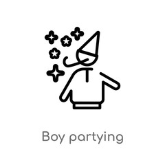 outline boy partying vector icon. isolated black simple line element illustration from party concept. editable vector stroke boy partying icon on white background