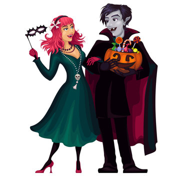 vampire couple halloween costume holding pumpkin clip art preview