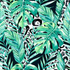 watercolor seamless pattern animal print, leopard skin and tropical leaves. Abstract design