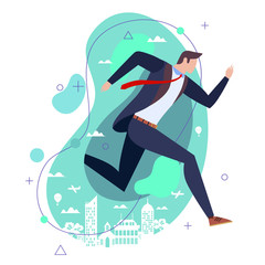 Businessman in suit running against city backdrop. Concept flat illustration.