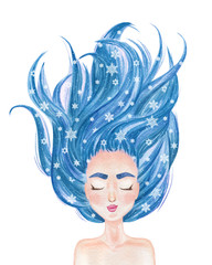 Beautiful girl with long blue hair spread out and snowflakes. Hand drawn watercolor illustration