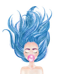 Beautiful girl with long blue hair spread out blowing bubble gum. Hand drawn watercolor illustration
