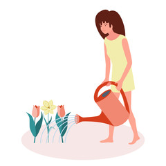 Girl watering flowers from a watering can. Work in the garden. Vector illustration in flat style on white isolated background.