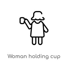 outline woman holding cup vector icon. isolated black simple line element illustration from people concept. editable vector stroke woman holding cup icon on white background