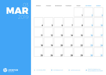 Calendar planner for March 2019. Week starts on Monday. Printable vector stationery design template