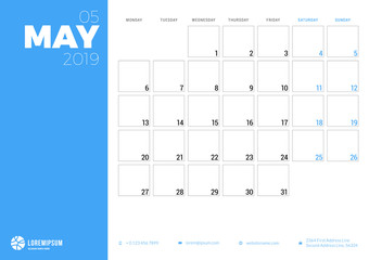 Calendar planner for May 2019. Week starts on Monday. Printable vector stationery design template