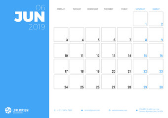 Calendar planner for June 2019. Week starts on Monday. Printable vector stationery design template