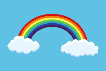 Rainbow with clouds vector illustration isolated on blue background