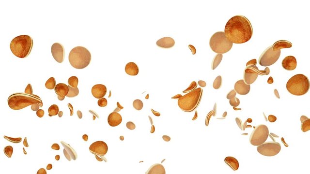 Pancakes flying in slow motion against white