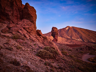 Mount Teide on Tenerife. Beautiful landscape in the national park on Tenerife with the famous rock, Cinchado, Los Roques de Garcia in the scene
