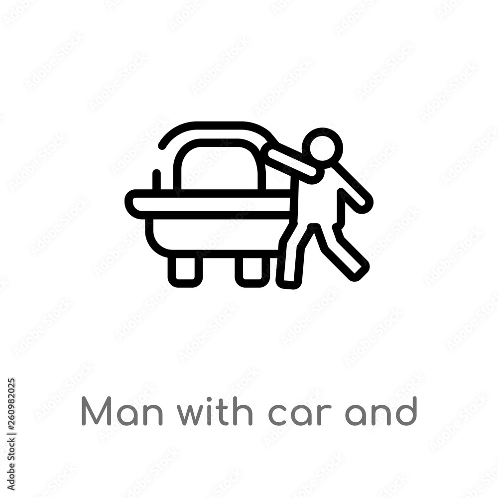 Poster outline man with car and suitcase vector icon. isolated black simple line element illustration from 