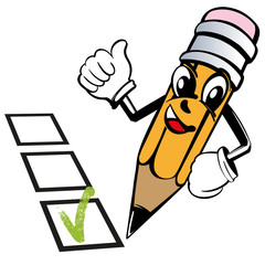 cartoon pencil expresses emotions like, Checkmark yes, voting, test, vector illustration sketch