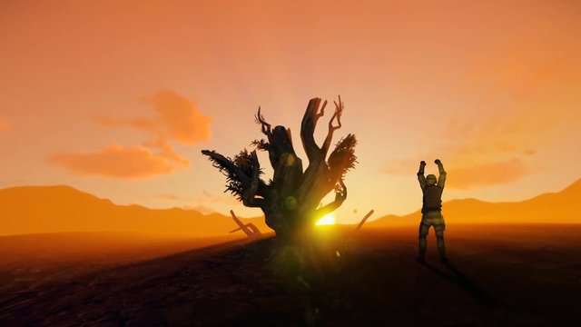 Soldier waving towards helicopter fleet near a dead tree in desert against beautiful sunset