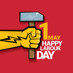 Happy labour day vector label with strong orange fist on red background. labor day background or banner with man hand. may day poster