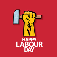 Happy labour day vector label with strong orange fist on red background. labor day background or banner with man hand. may day poster
