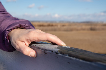 Womans Hand on a Rail near a marsh