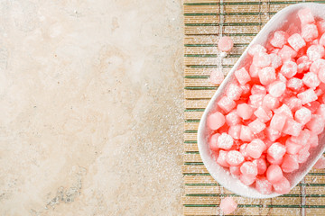 Japanese traditional sweet dessert, pink colored mini mochi