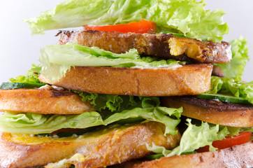 Pile of fried toasts with tomato, lettuce and cucumber as a background