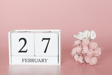 February 27th. Day 27 of month. Calendar cube on modern pink background, concept of bussines and an importent event.