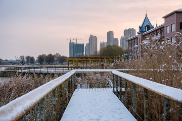 Winter Snow Covered Trestle Road of Urban Parks