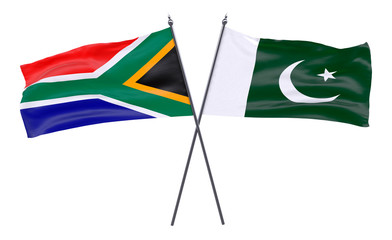South Africa and Pakistan, two crossed flags isolated on white background. 3d image