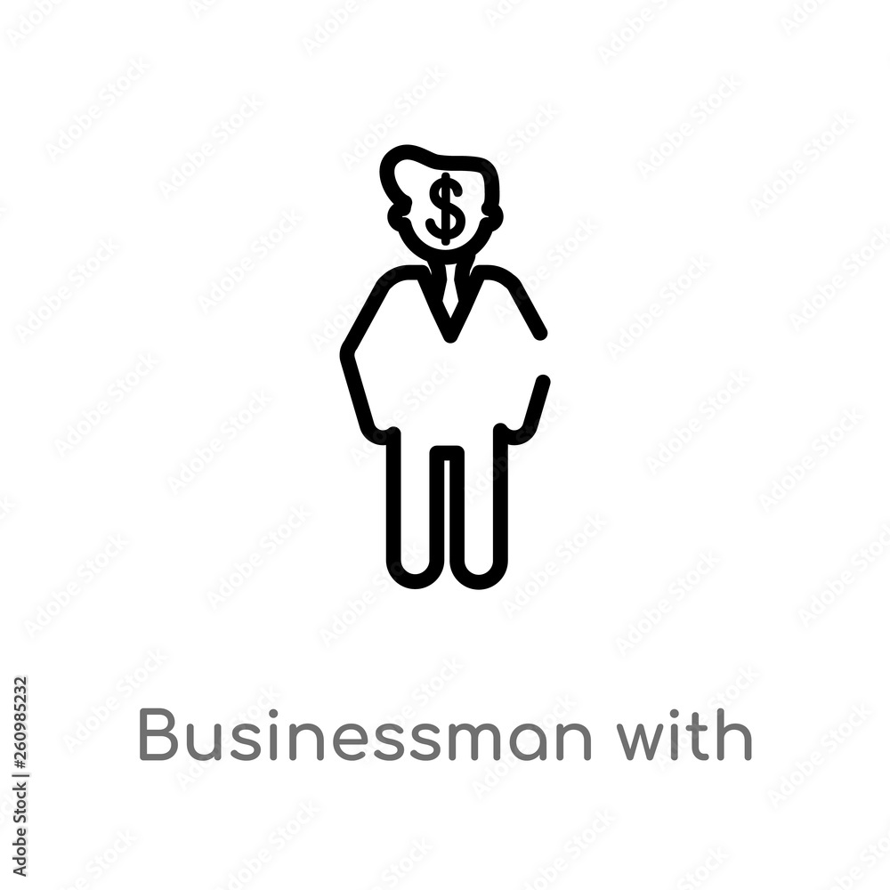 Aufkleber outline businessman with financial message about dollar vector icon. isolated black simple line elem