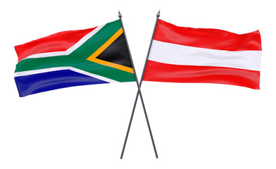 South Africa and Austria, two crossed flags isolated on white background. 3d image