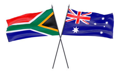 South Africa and Australia, two crossed flags isolated on white background. 3d image