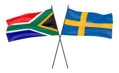 South Africa and Sweden, two crossed flags isolated on white background. 3d image