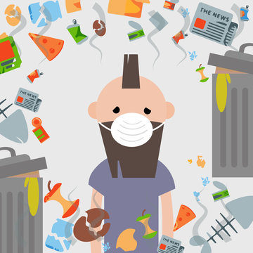 Garbage pollution.The stench.Young character wearing a protective face mask .Flat cartoon design