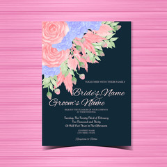 vintage wedding invitation with beautiful pink roses and blue succulent