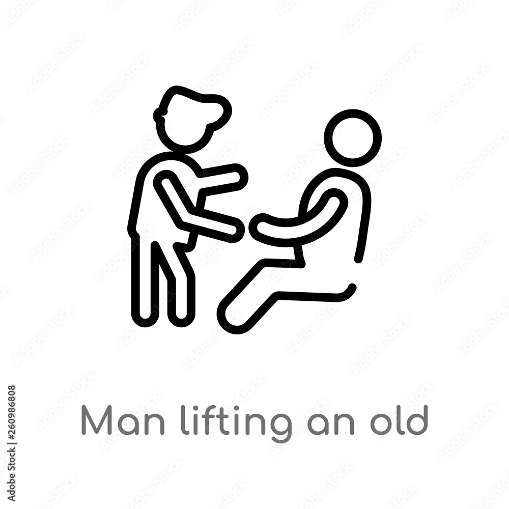 Poster outline man lifting an old man vector icon. isolated black simple line element illustration from peo