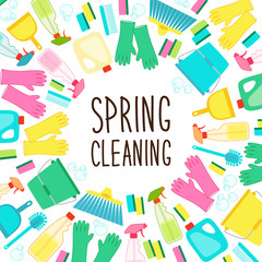 Cute spring cleaning utensils background in vivid eye catching colors