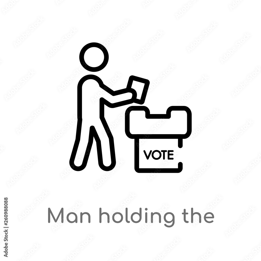 Poster outline man holding the vote paper on the box vector icon. isolated black simple line element illust